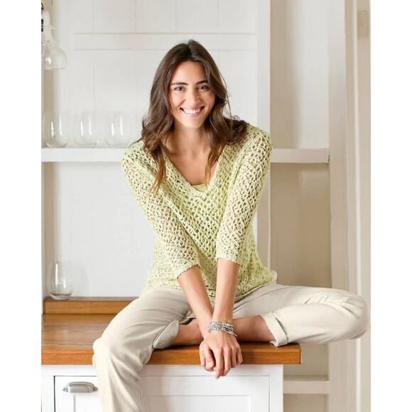 J. Jill Lemongrass Marled Yellow Open Stitch Crochet Chunky Knit Unlined Top - Picture 2 of 14